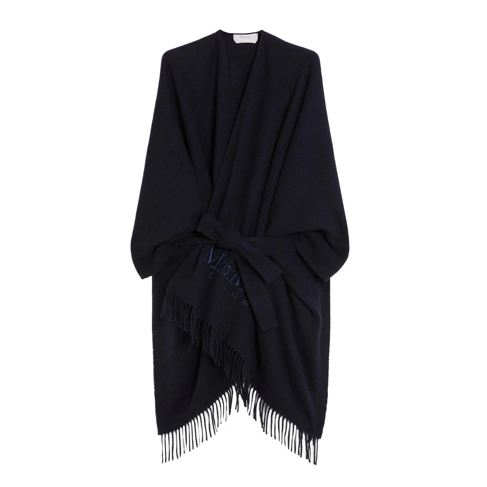 Max Mara Navy Poncho met Franjes en Riem Blue Dames