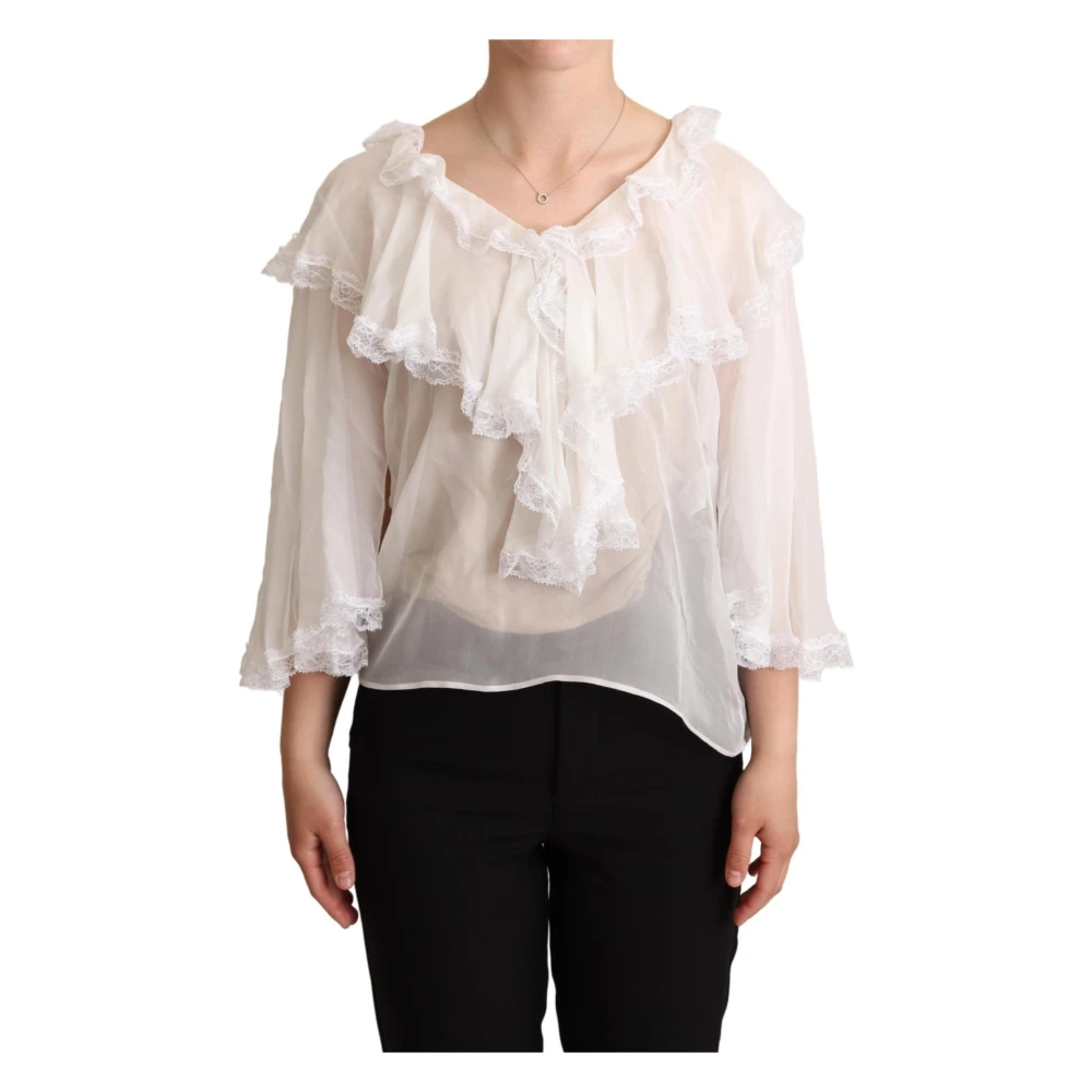 Dolce & Gabbana Witte Zijden Blouse met Lange Mouwen en Kant White Dames