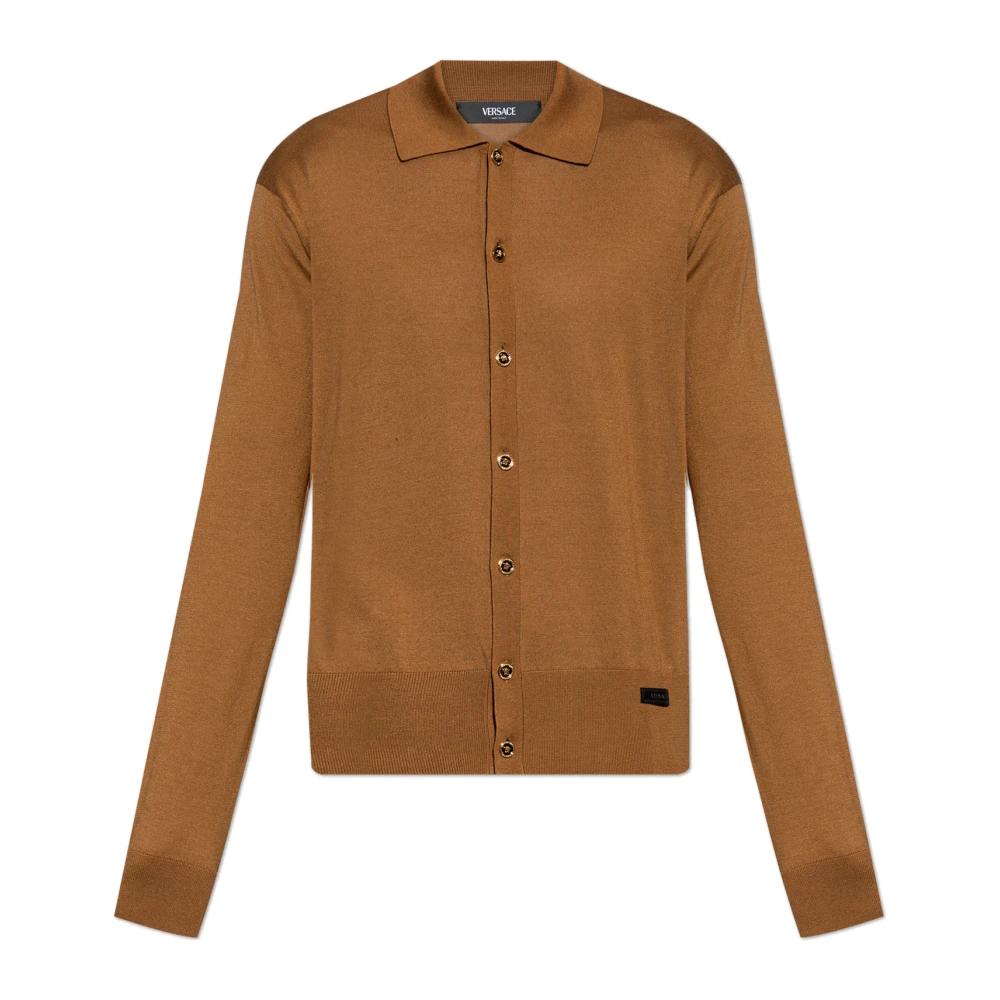 Versace Men's Brown Cardigans, Xl, Silk-Blend Knit Polo Cardigan