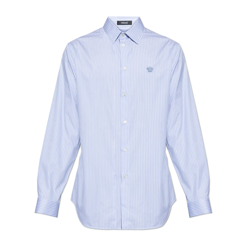 Versace Men's Blue Formal Shirts, Xl, Striped Cotton-Poplin Slim Shirt