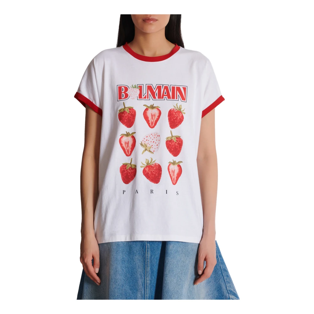 Balmain Tweekleurig T-shirt met Aardbeienprint White Dames