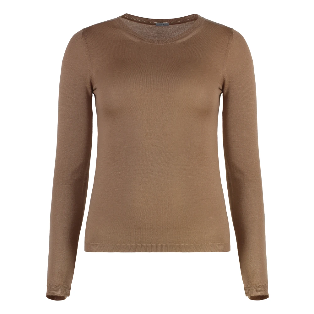 Malo Luxe Cashmere Sweater Ribgebreide Randen Brown Dames