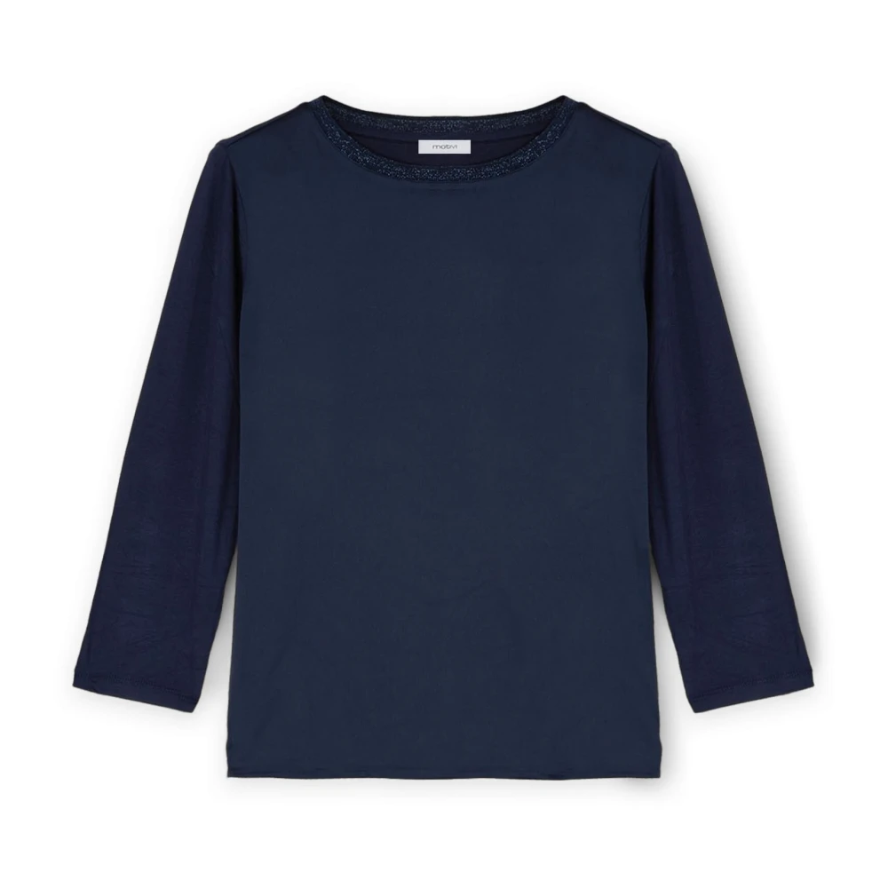 Motivi Basis T-shirt gemaakt van twee materialen Blue Dames