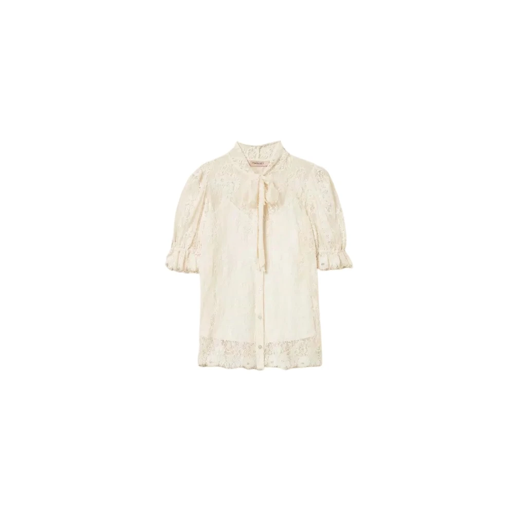 Twinset Beige Camicia In Pizzo Con Fiocco - Female - Blouses - Xl - Blouses & Shirts