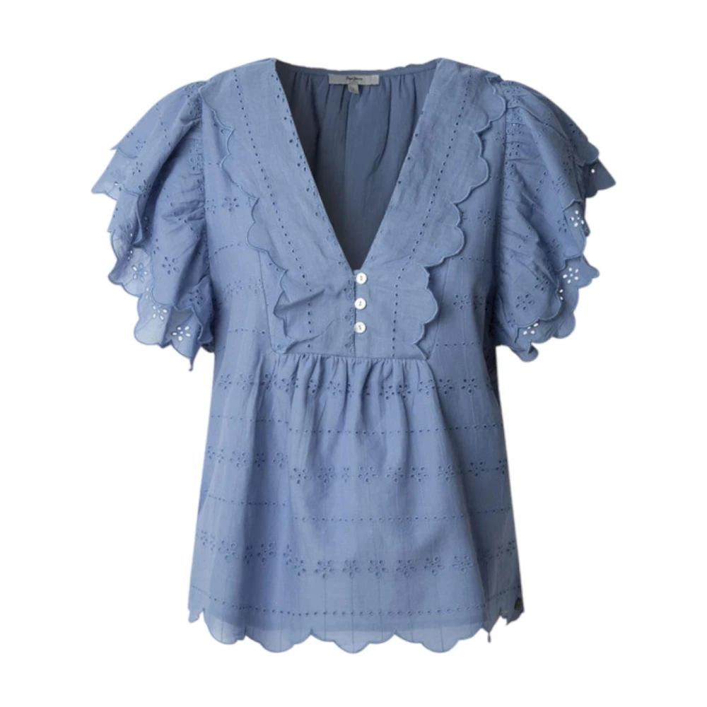 Pepe Jeans Women's Blue Blouses, S, Steel Elegant Blouse With Puff Sleeves