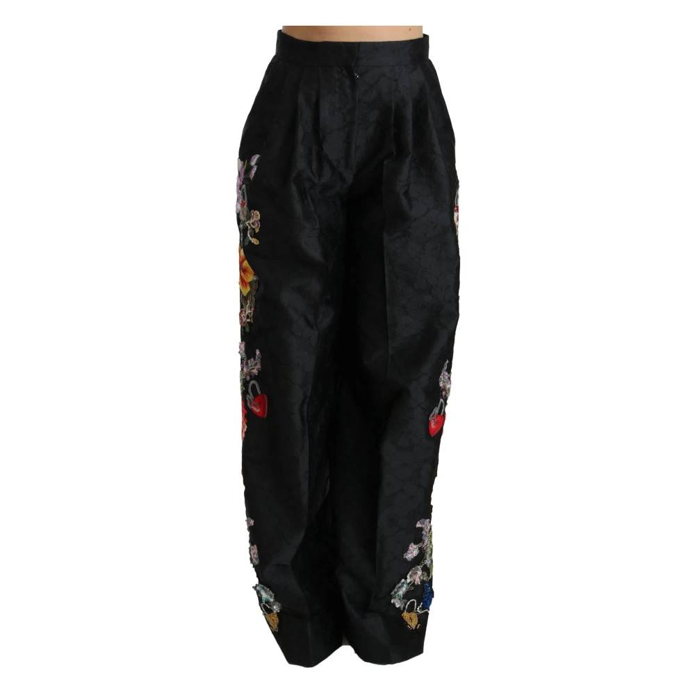 Dolce & Gabbana Women's Black Elegant High Waist Wide Leg Pants With Floral Pattern