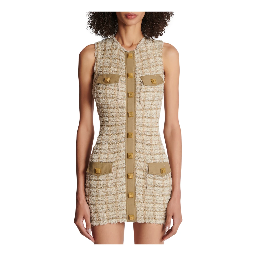Balmain Mouwloze Tweed Korte Jurk Beige Dames
