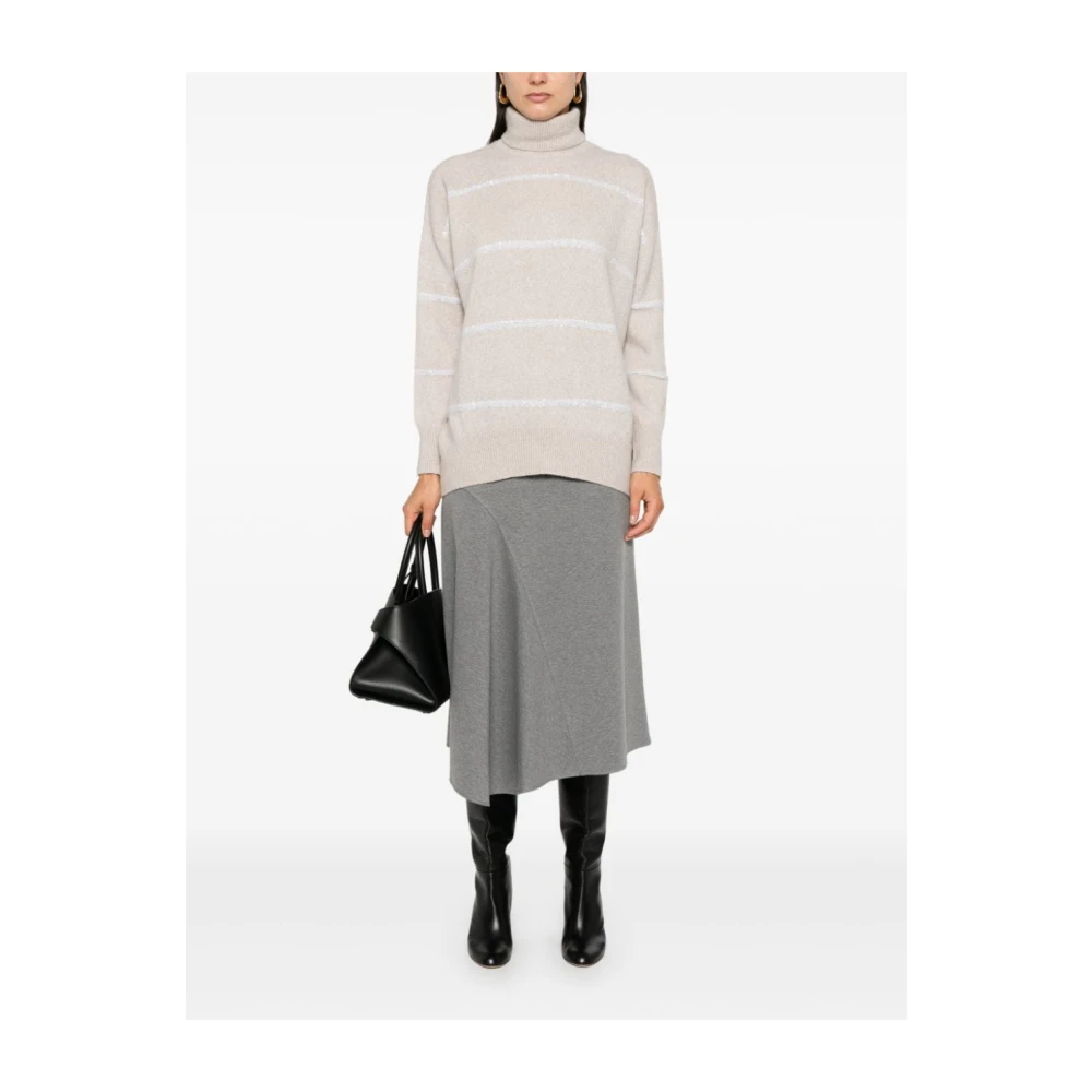BRUNELLO CUCINELLI Pailletversierde Beige Gebreide Trui Beige Dames
