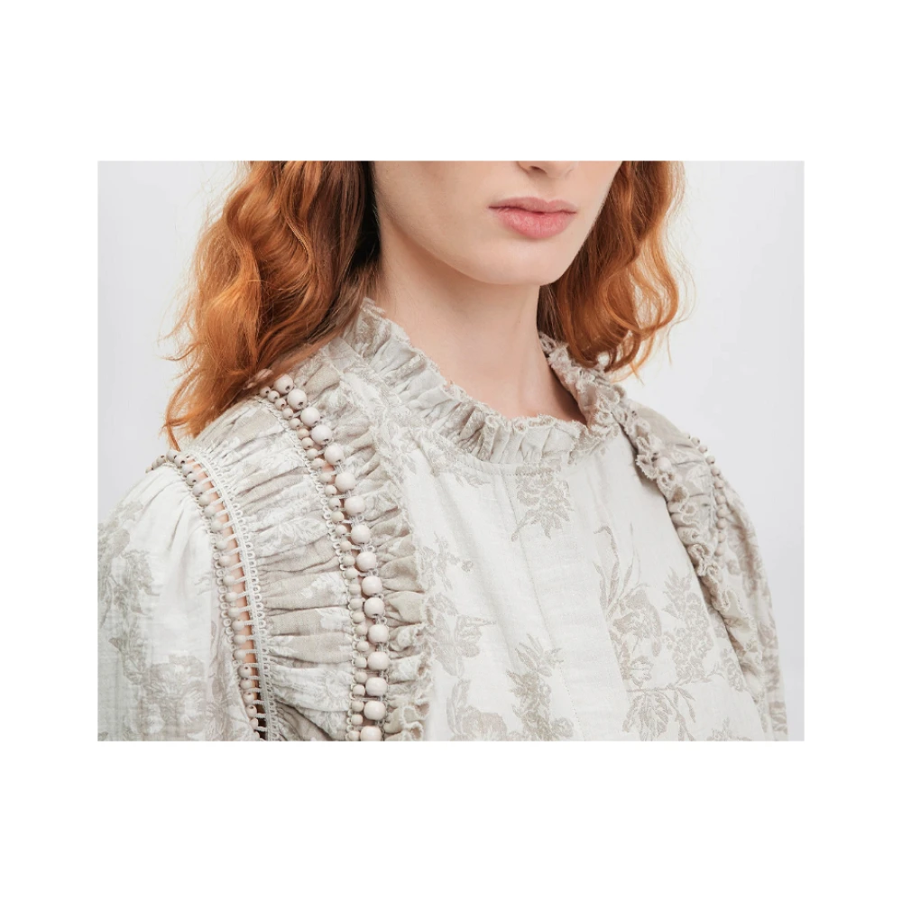 Mes Demoiselles Bloemenkatoenen overhemd met kraaldetail Beige Dames