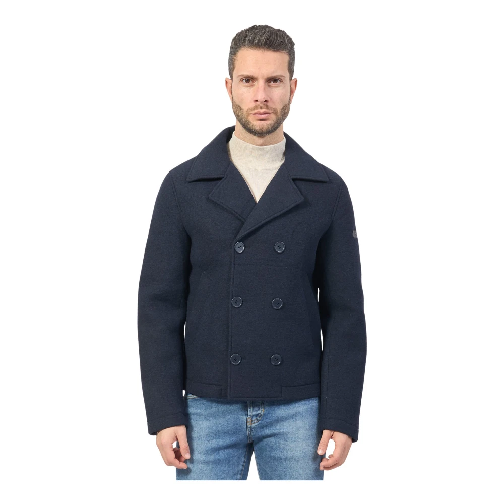 YES ZEE Blauwe Wollen Blend Double-Breasted Jas Blue Heren