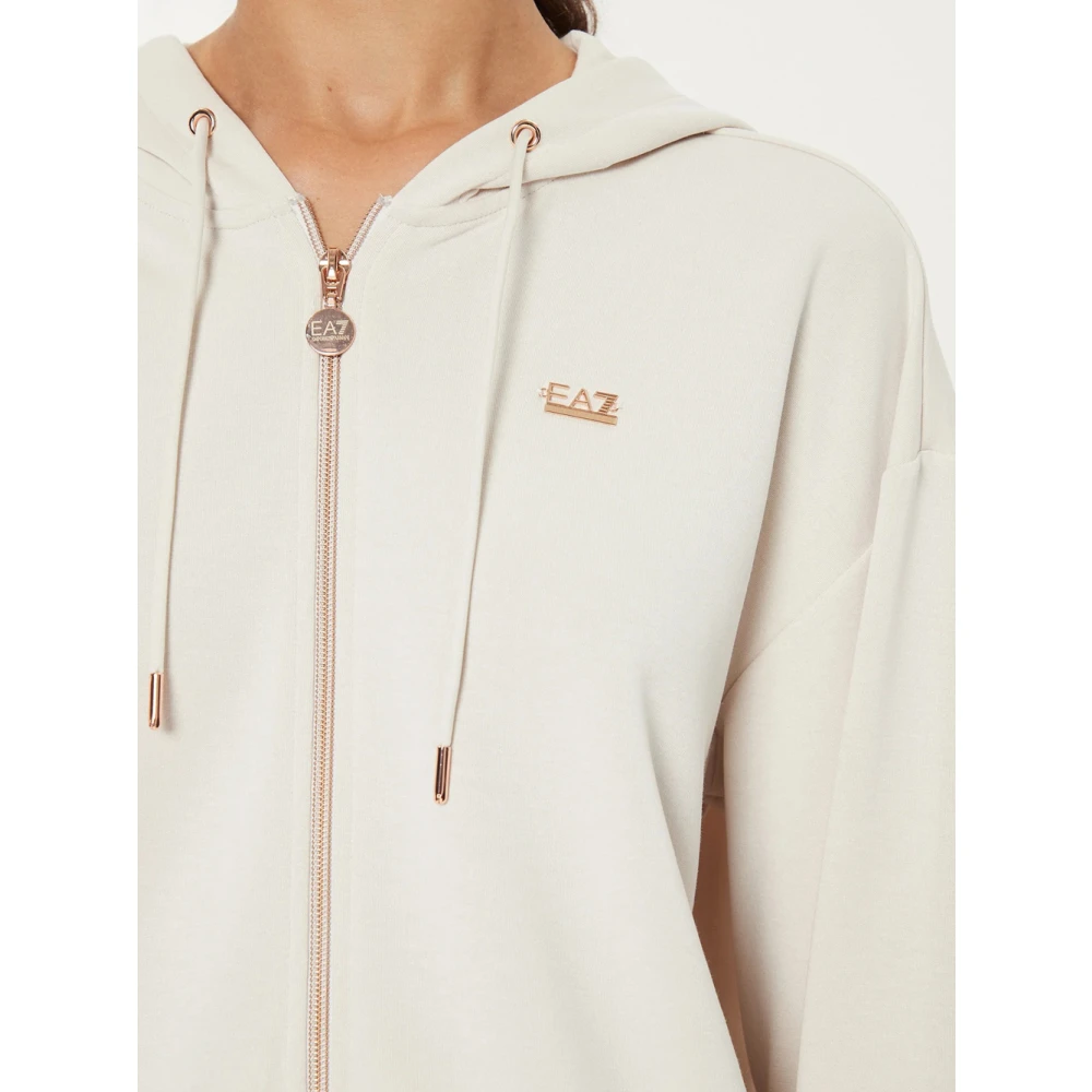 Emporio Armani EA7 Witte Zand Hoodie met Roségouden Rits White Dames
