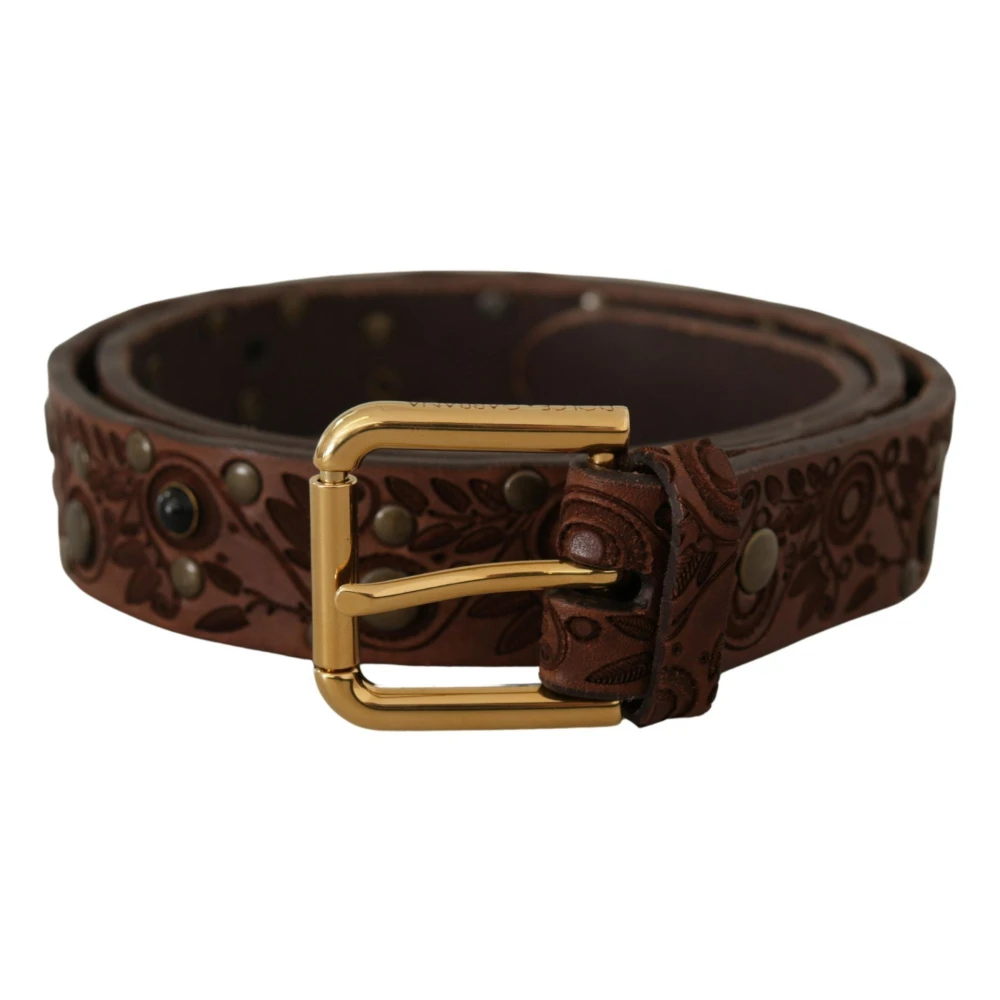 Dolce & Gabbana Men's Brown Engraved Buckle Leather Belt