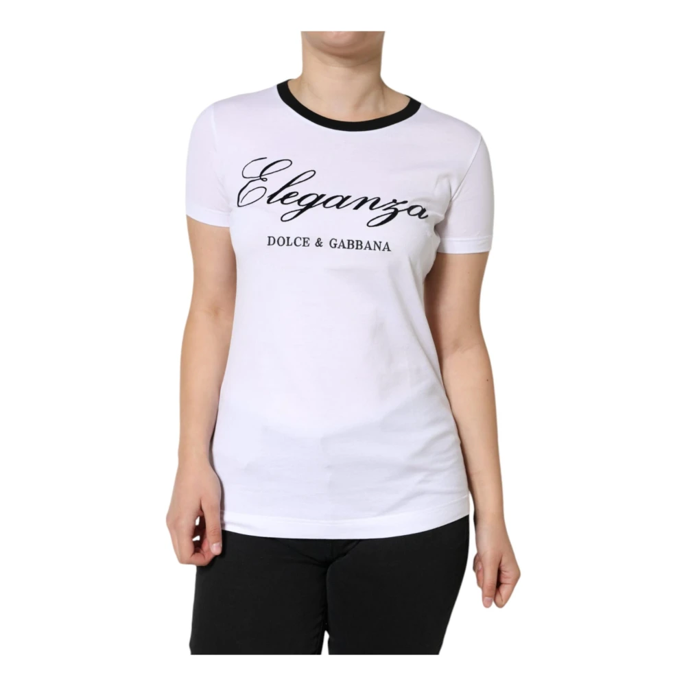 Dolce & Gabbana Women's White T-Shirts, L, Eleganza Print Cotton T-Shirt