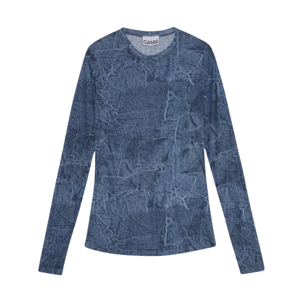Ganni Blauwe Grafische Mesh Lange Mouwen Blouse Blue Dames