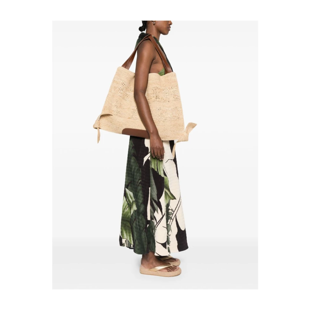 Hereu Natuurlijke raffia schoudertas met bruine leren details Beige Dames
