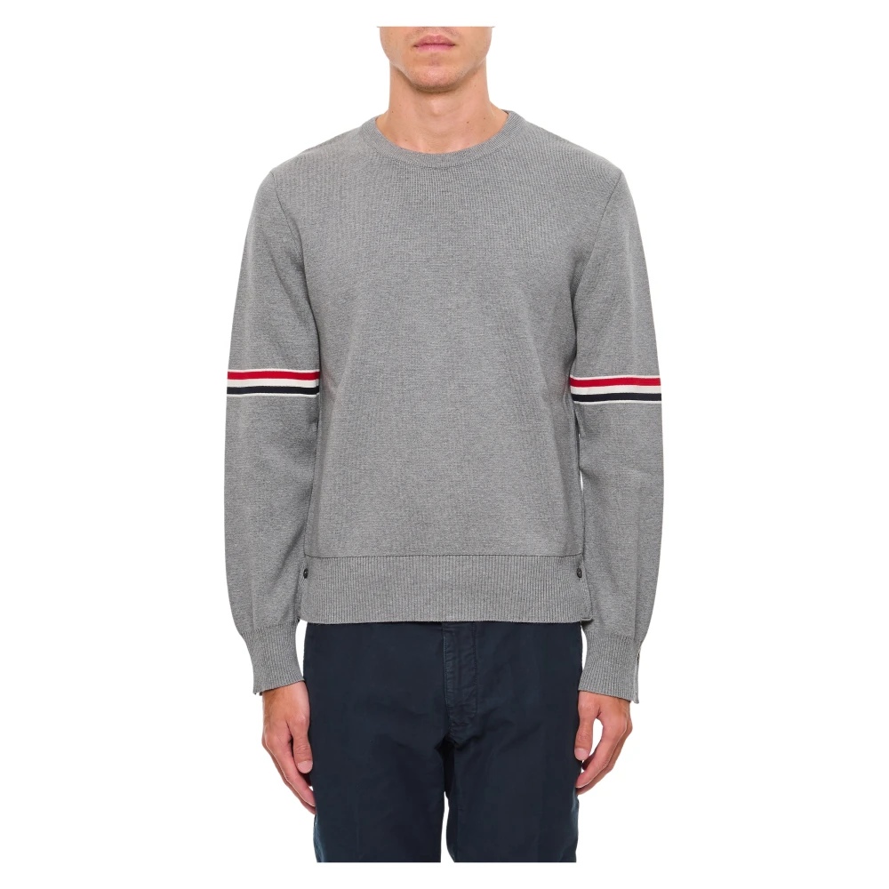Thom Browne Men's Gray Round-Neck Knitwear, Xl, Crewneck Cotton Jumper