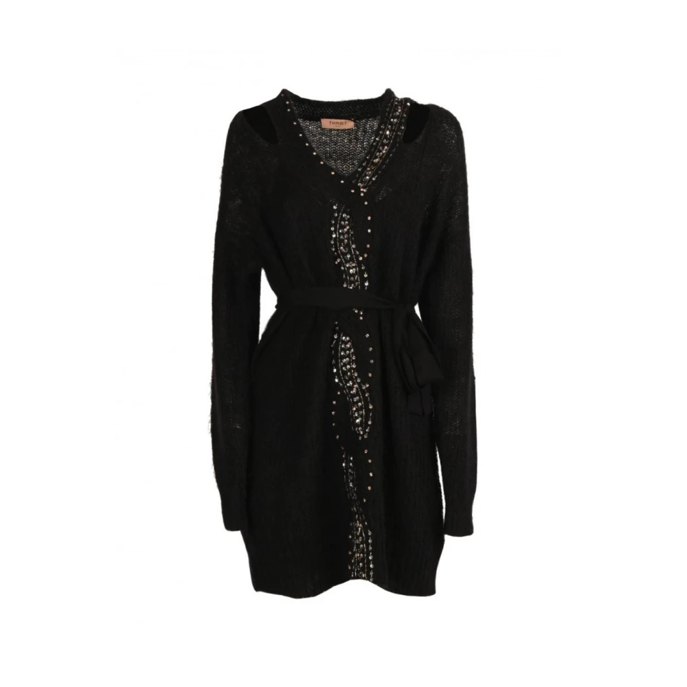 Twinset Korte Paillettenjurk met Vlechtmotief Black Dames