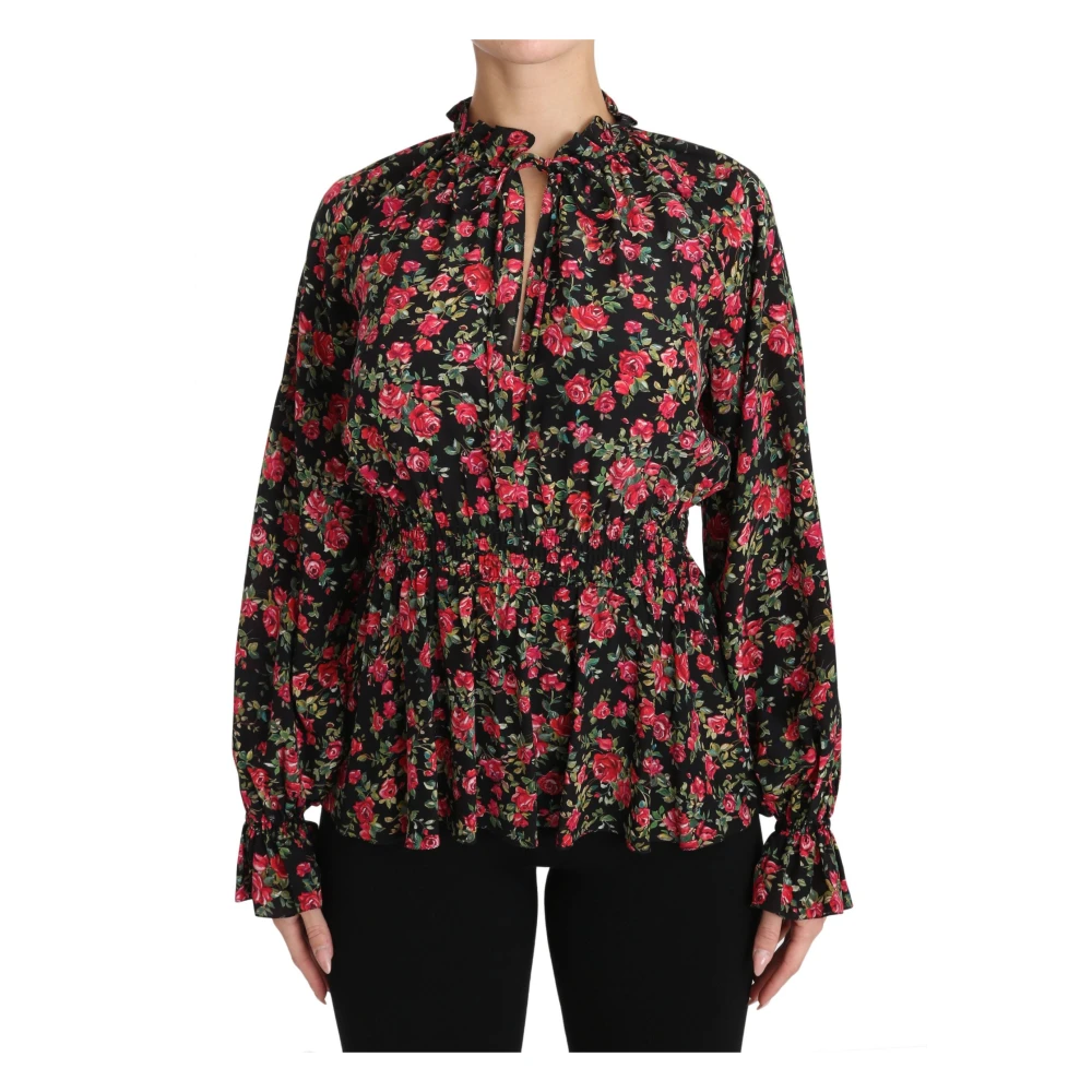 Dolce & Gabbana Women's Multicolor Blouses, Xs, Black Floral Silk Shirt