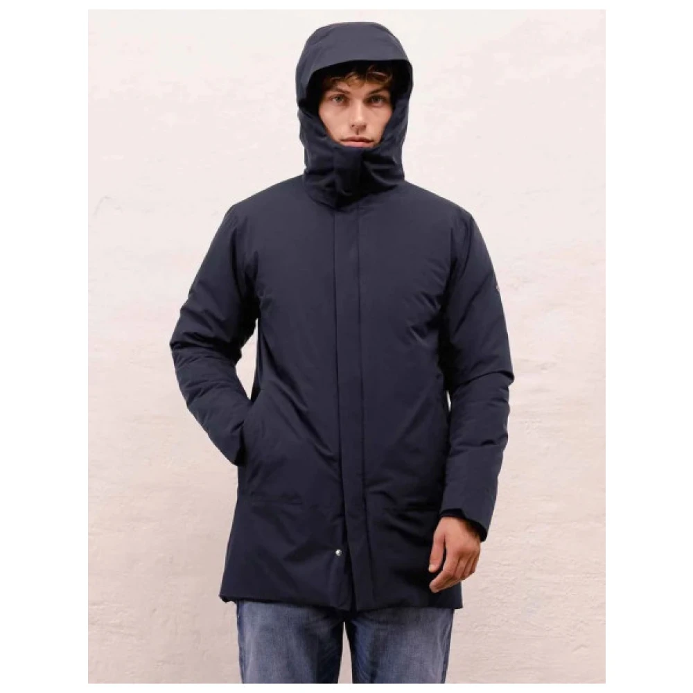 Scandinavian Edition Minimalistische Mid-Length Parka met Capuchon Blue Heren