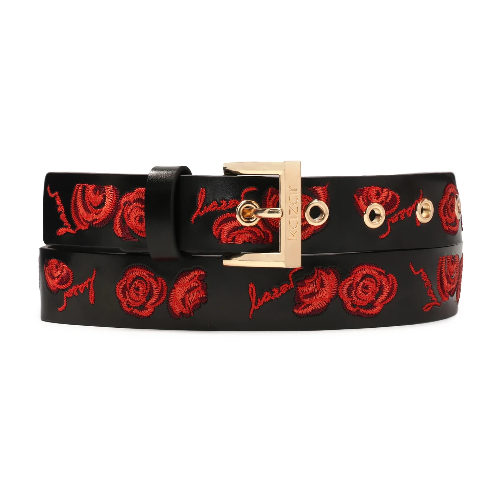 Kazar Zwarte leren riem geborduurd met rode rozen Black Dames
