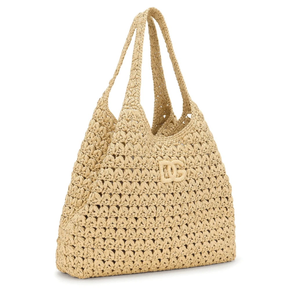 Dolce & Gabbana Raffia Tote Tas met Appliqué Logo Beige Dames