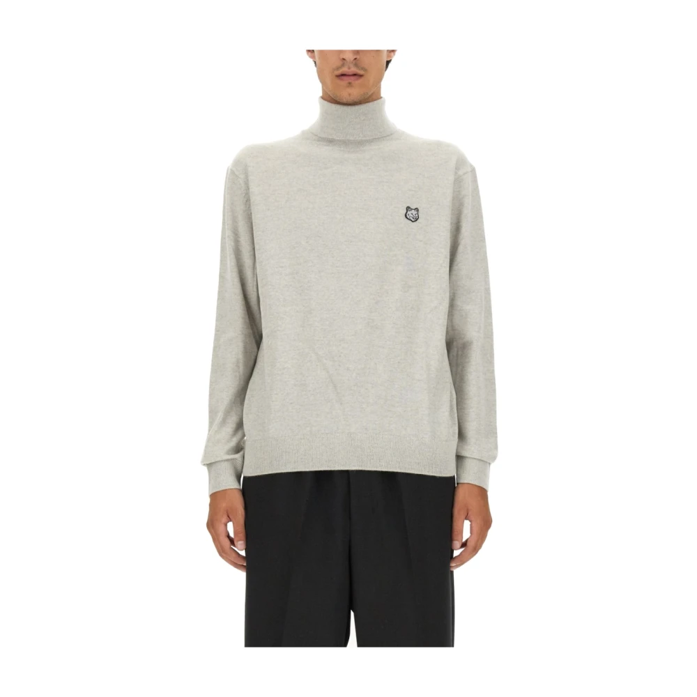 Maison Kitsuné Wollen Coltrui Gebreide Vos Patch Trui Gray Heren