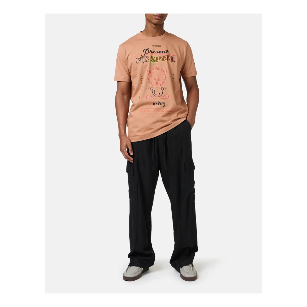 Iceberg Regular fit coccio gekleurde katoenen T-shirt met maxi multicolor Bear print Brown Heren