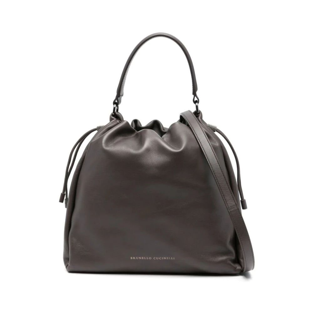 BRUNELLO CUCINELLI Grijze Leren Kettingdetail Trekkoord Tas Gray Dames