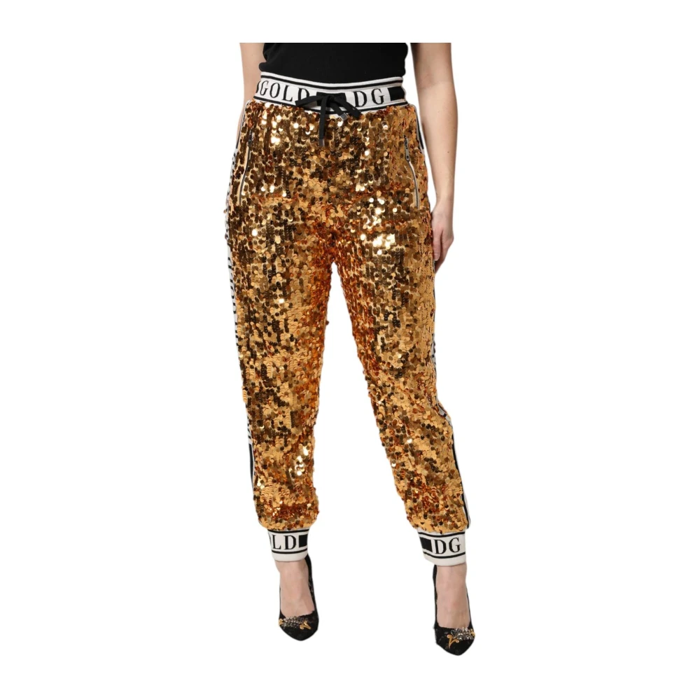 Dolce & Gabbana Women's Yellow Metallic Logo Sequined High Waisted Joggers - Slim-Fit Trousers - M - Trousers