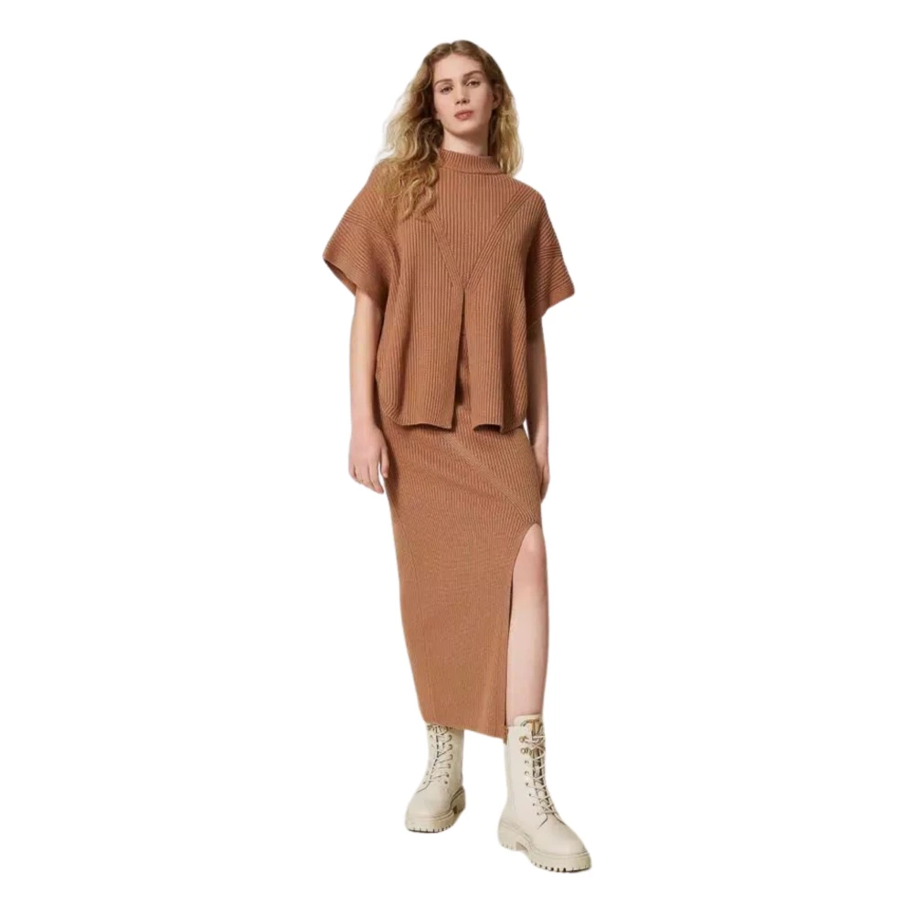 Twinset Gebreide Poncho Stijl Jas Brown Dames
