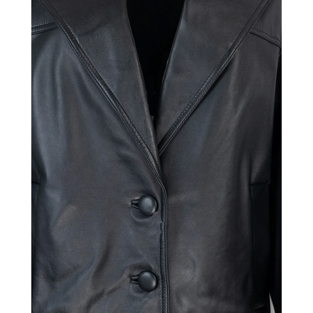 Marella Zwarte leren bomberjack met rozenpin Black Dames