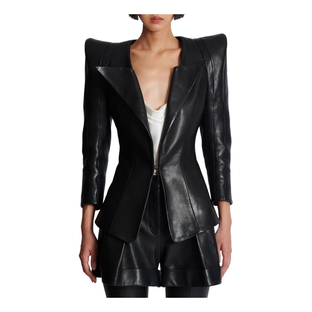 Balmain Aansluitende lamsvacht jas Black Dames
