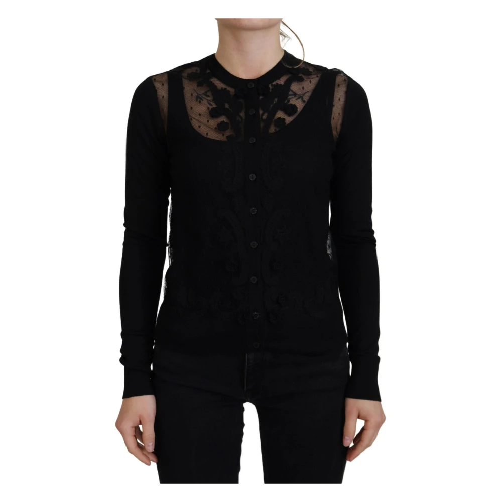 Dolce & Gabbana Zwarte bloemenkanten knoop cardigan trui Black Dames