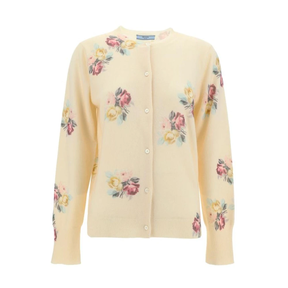 Prada Bloemenpatroon Wollen Vest met Knoop White Dames