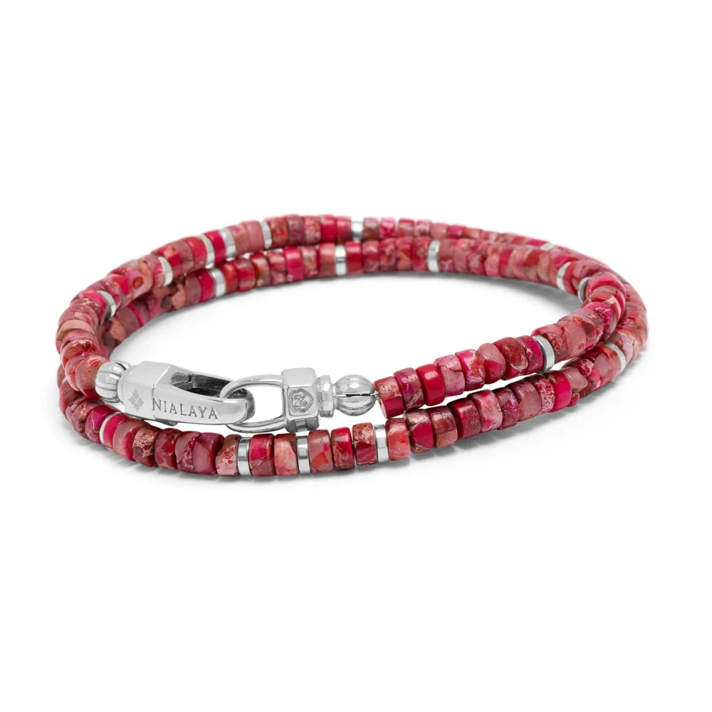Nialaya Men's Gray Bracelets, L, Red Howlite Heishi Wrap Bracelet With Silver