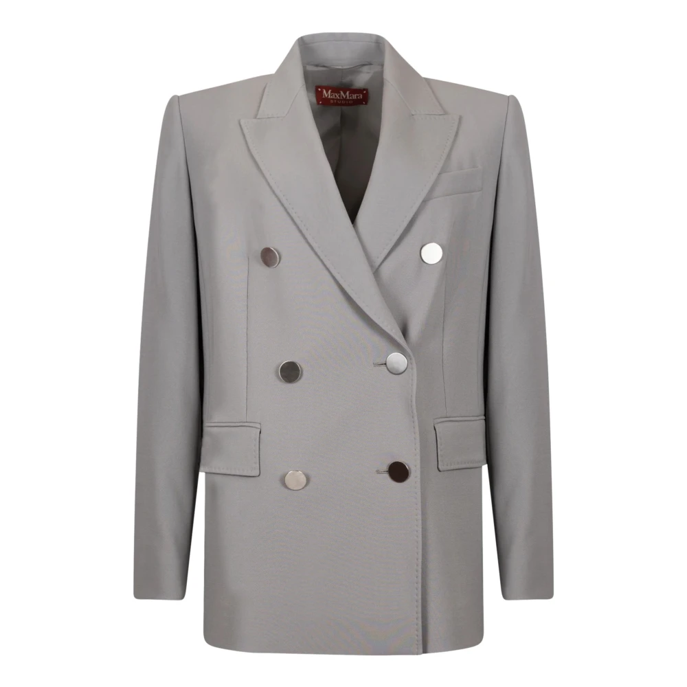 Max Mara Studio Gray Blazers, Female, M, Double-Breasted Satin Wool Blazer