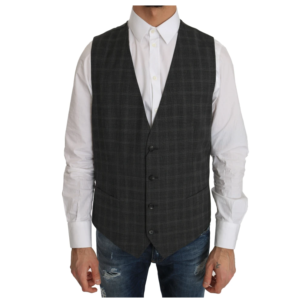 Dolce & Gabbana Elegante Geruite Wollen Vest voor Mannen Gray Heren