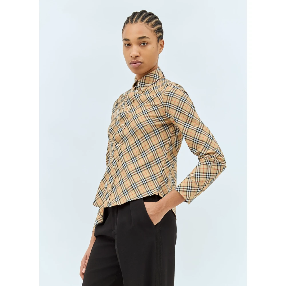 Burberry Klassieke Geruite Katoenen Overhemd Beige Dames