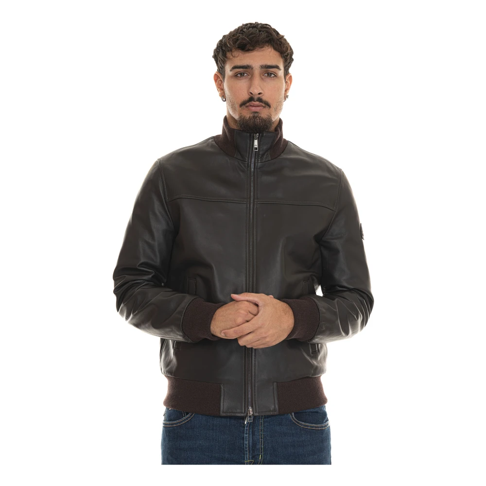 LA MARTINA Leren Bomberjack met Gebreide Details Brown Heren
