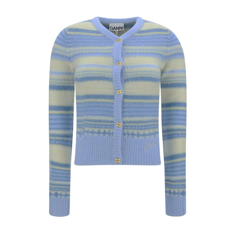 Ganni Gestreepte Merinowol Vest met Geribbelde V-Hals Blue Dames