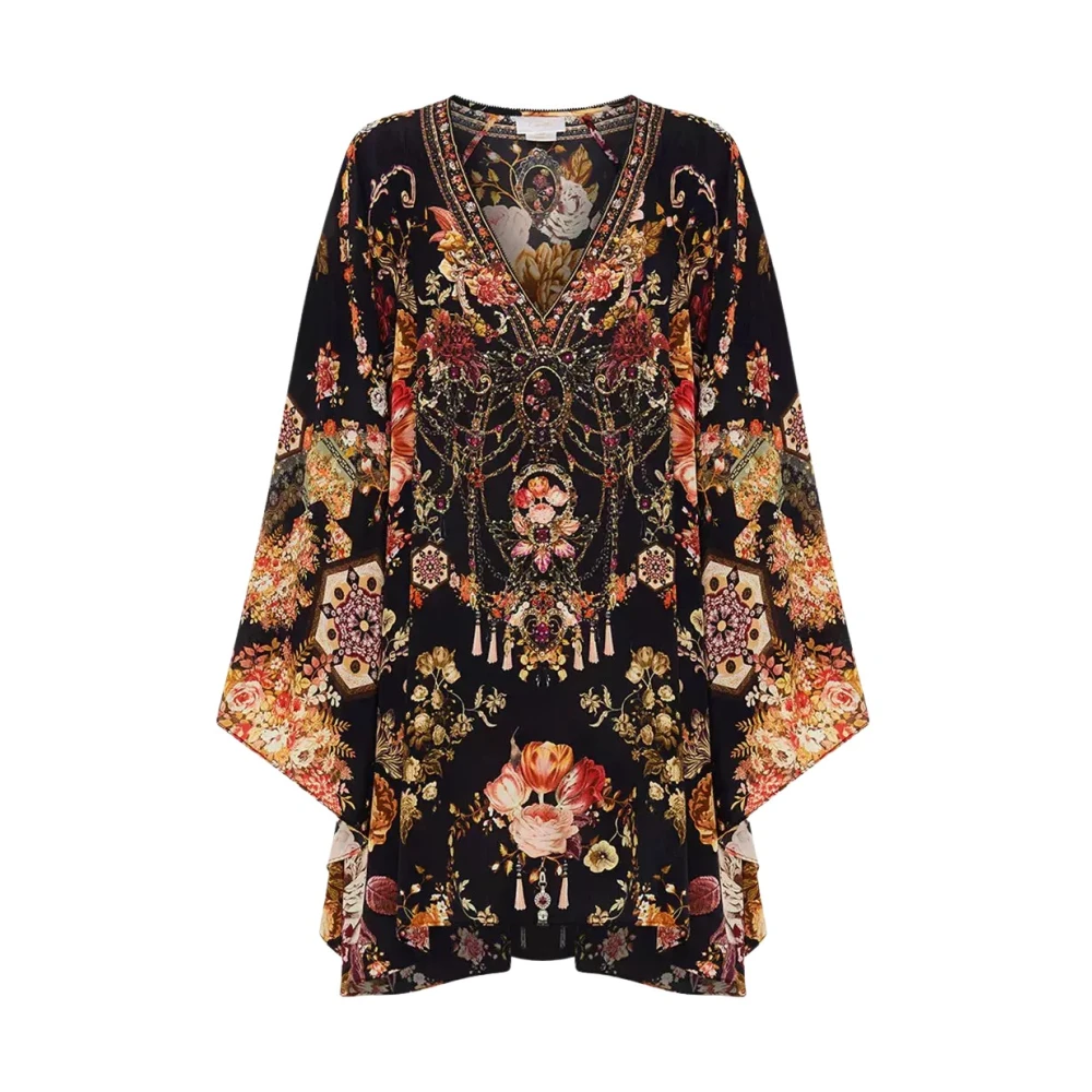 Camilla Zwarte Bloemen Strandtuniek Mini V-hals Black Dames