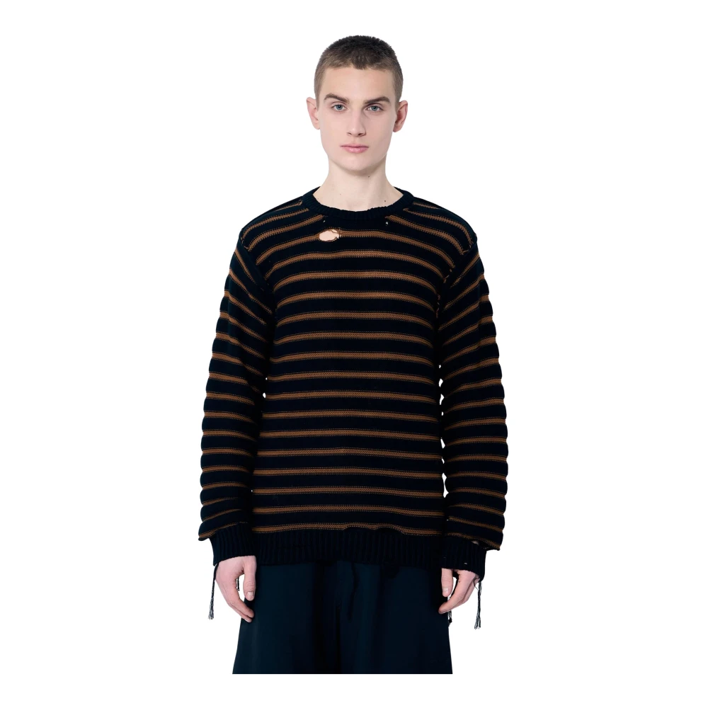 Mm6 Maison Margiela Men's Black Round-Neck Knitwear, L, Distressed Striped Jumper