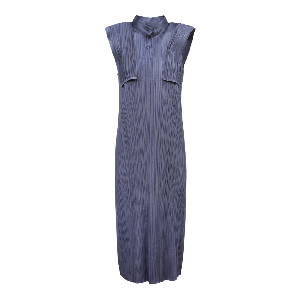 Issey Miyake Geplooide hoge kraag jurk blauw grijs Blue Dames