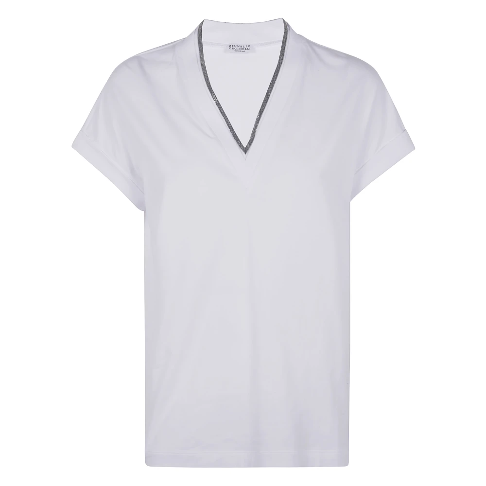 BRUNELLO CUCINELLI V-hals T-shirt met Monili Kraag White Dames