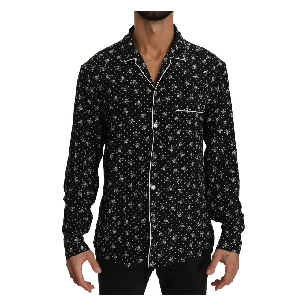 Dolce & Gabbana Men's Black Casual Shirts,, Skull Print Silk Sleepwear Shirt Medium