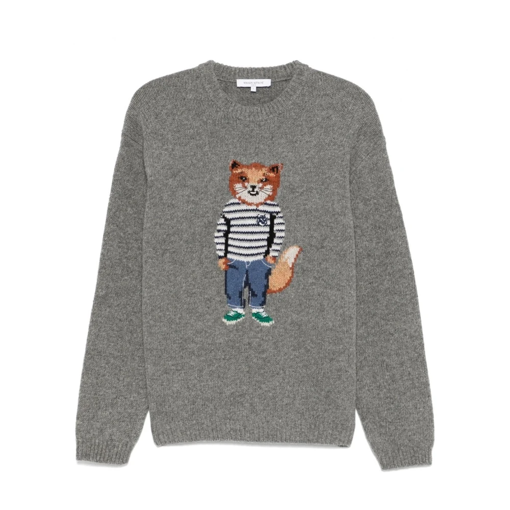 Maison Kitsuné Intarsia Dressed Fox Wollen Trui Navy Gray Heren