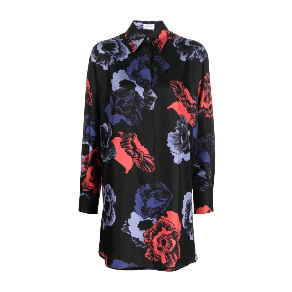 Ferragamo Women's Multicolor Shirt Dresses, Xs, Casual Black Long Sleeve Silk Shirt Dress