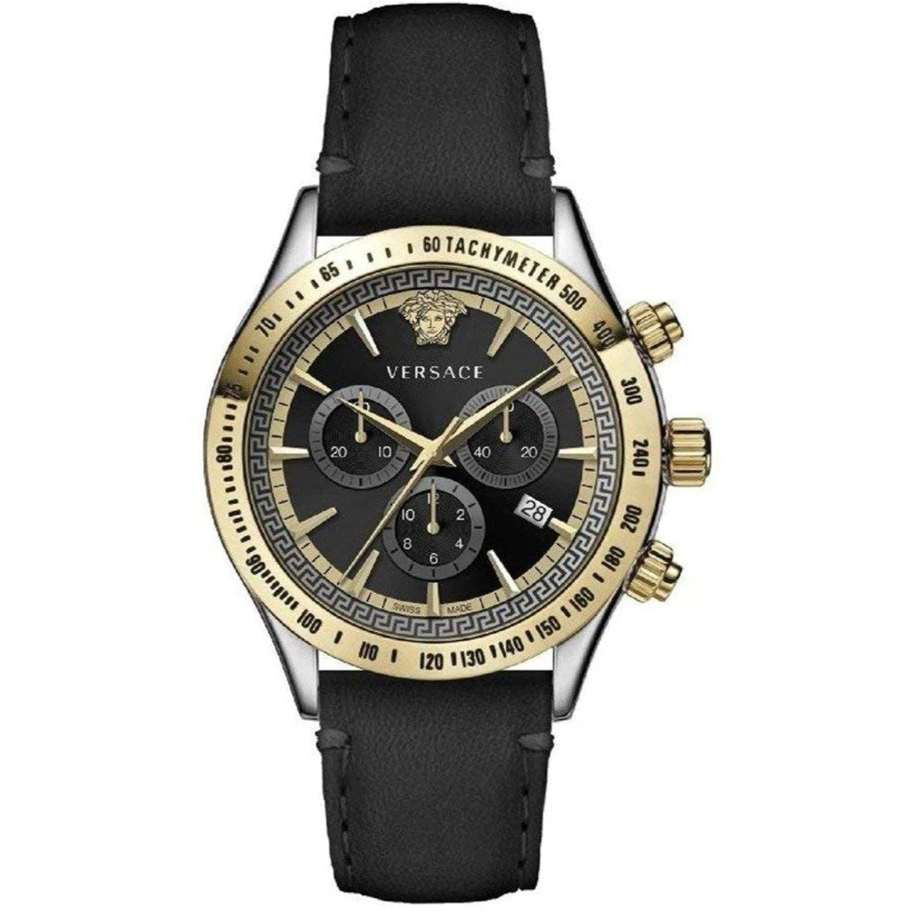 Versace Klassisk Chrono Klocka Svart Läder Silver Guld Stål Multicolor, Herr