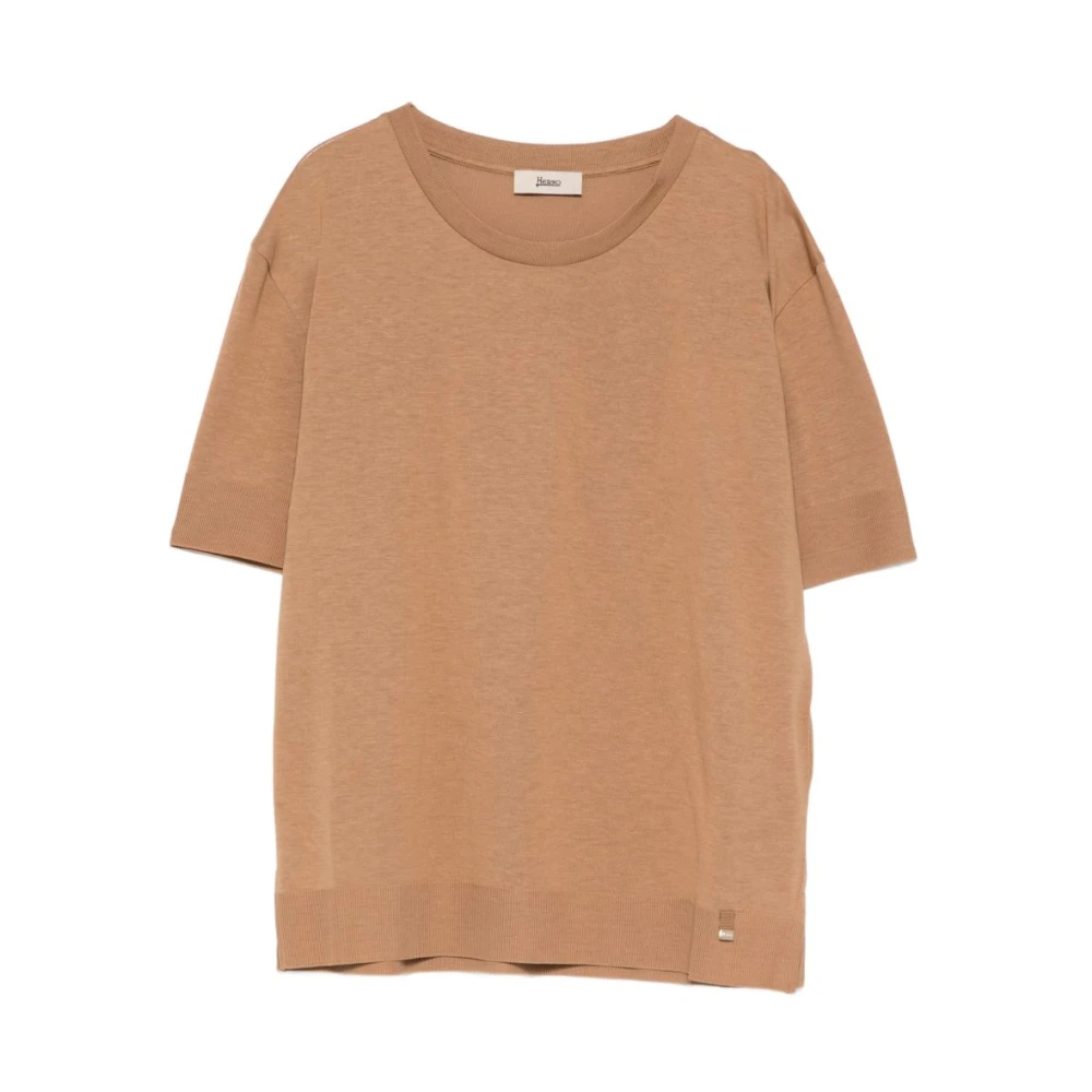 Herno Women's Brown T-Shirts, L, Fine-Knit Short-Sleeved Jumper