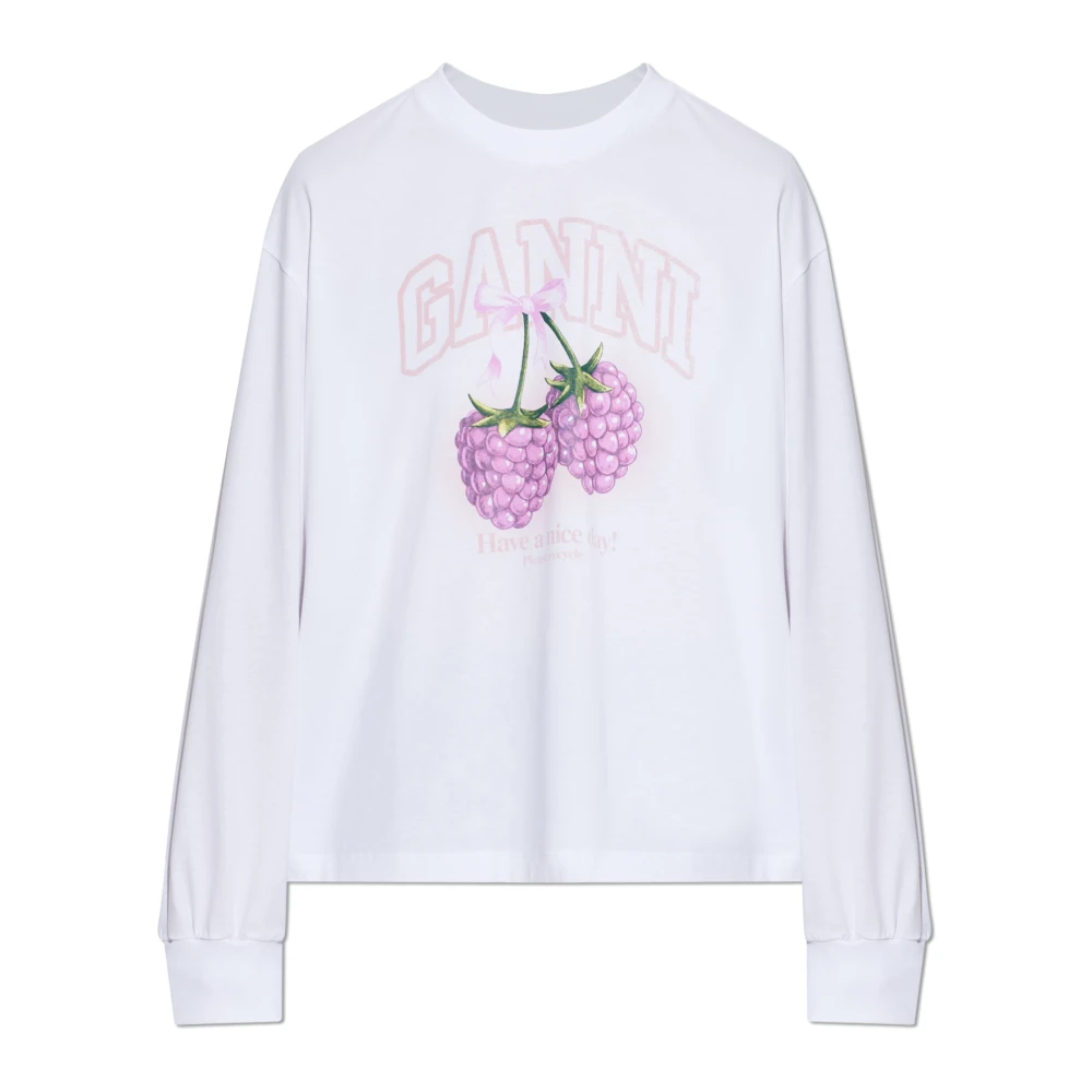 Ganni , Long Sleeve T-Shirts, Female, White, Xs, Long-Sleeve T-Shirt With Raspberries